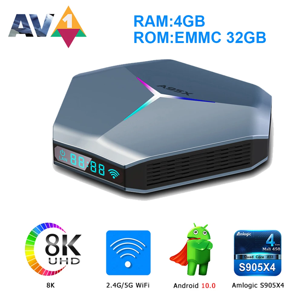 

A95X F4 Smart TV Box Android 10 Amlogic S905X4 Quad Core 8K RGB Light WiFi Set Top Box 4GB 32GB Media Player Support Youtube