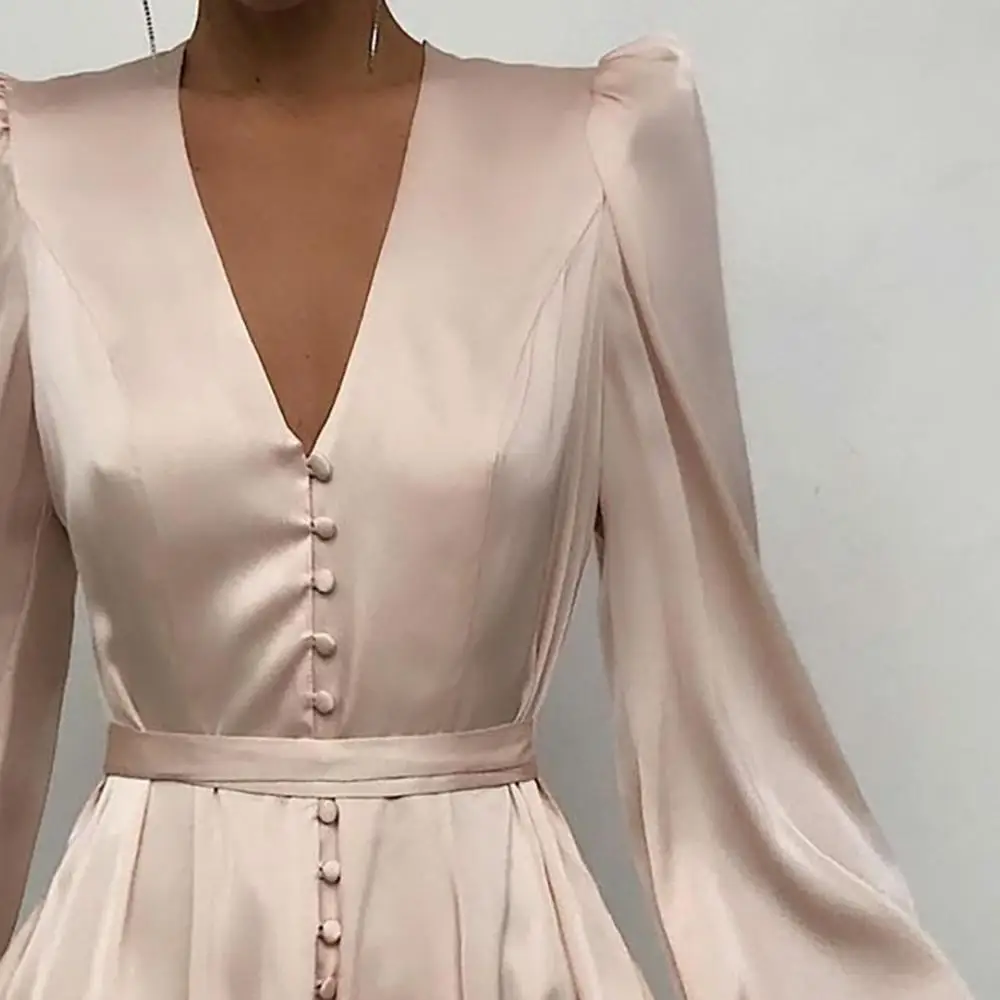 

2021 Autumn Dress For Women Ladies Sexy V-Neck Solid Simplicity Empire Plain Puff Sleeve Ruffled Button Long Sleeve Casual Robe