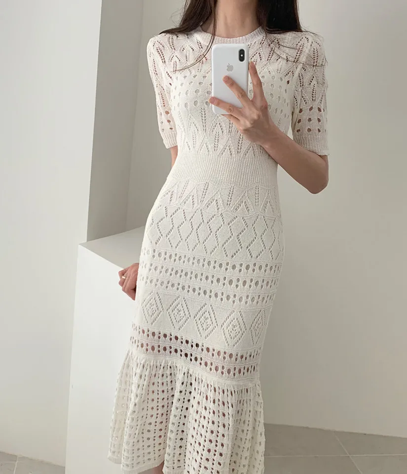

High Waist Midi Dresses Female Fashion Chic Vestidos 2020 New Summer Elegant Hollow Out Women Knit Short Sleeve