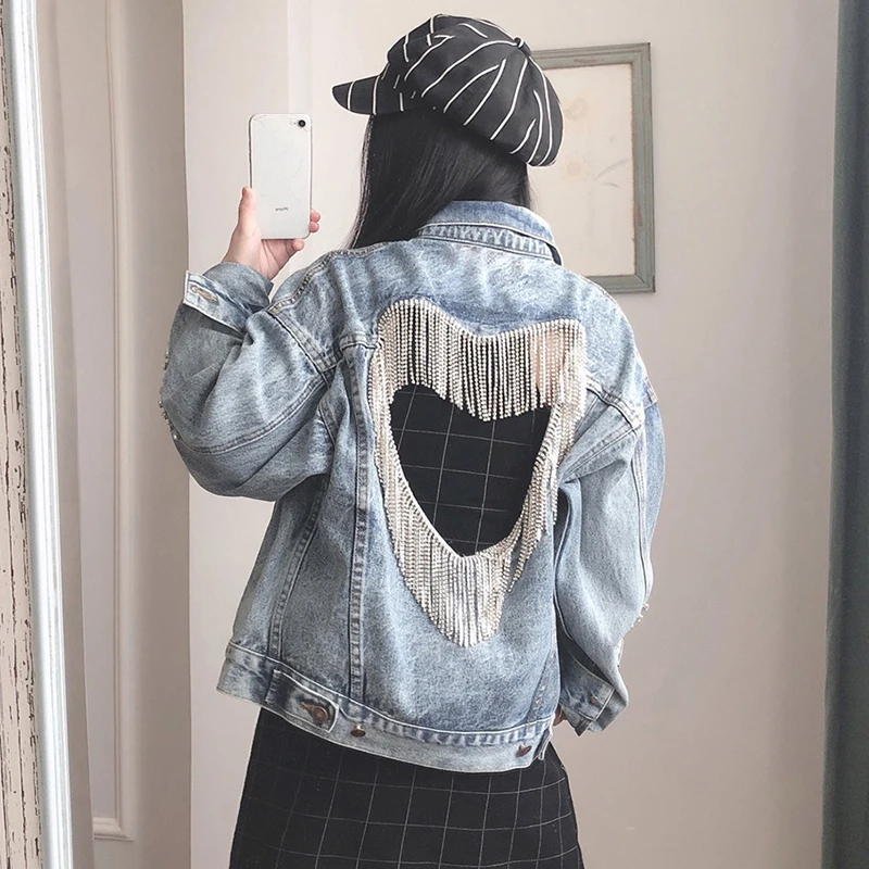 

TWOTWINSTYLE Patchwork Denim Coats For Women Lapel Collar Long Sleeve Tassel Hollow Out Jacket Female 2020 Autumn New Clothing