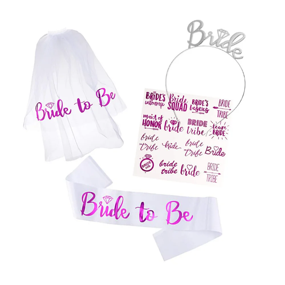 

Bachelor Party Bride Decoration Supplies Rose Gold Veil Headband Shoulder Strap Sticker Four-piece Set Wedding Adornment