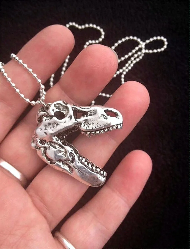 Handmade T-Rex Dinosaur Skull Pendant Long Necklace 24 Inch Chain T Rex Silver Plated/Key Ring