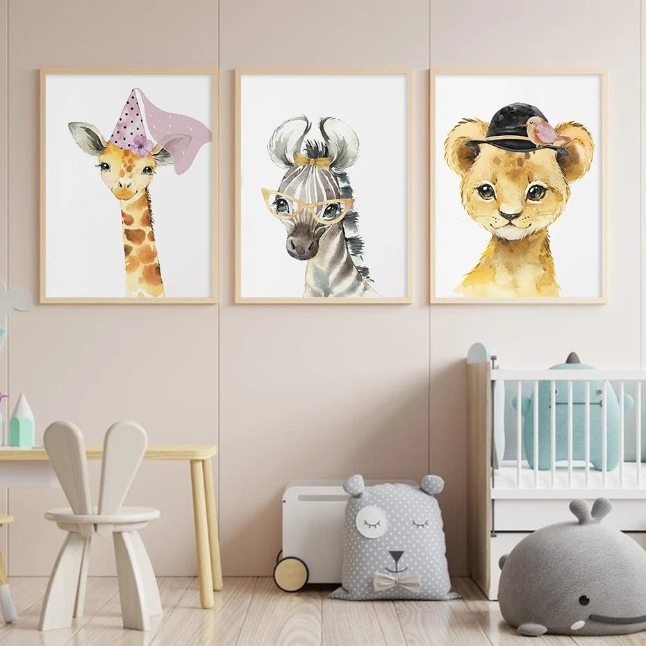

Cartoon Watercolor Cute African Animals Nursery Decoration Canvas Painting Kids Room Poster Print Wall Art Picture Home Decor