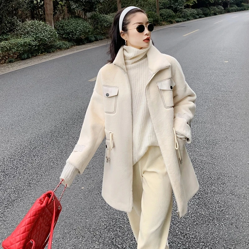 

2021 Winter Women's Imitation Mink Fur Coat Stylish Mid-Length Loose Outwear Drawstring Waist Large Size Thick Warm Jacket