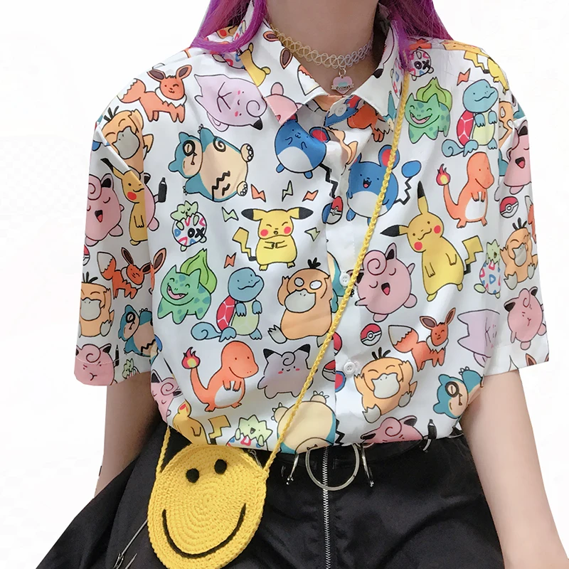 

New Summer Kawaii Blouse woman Harajuku Cute Retro Cartoon Animal Print Blouses Female tops Hip hop y2k Women Chiffon Shirts
