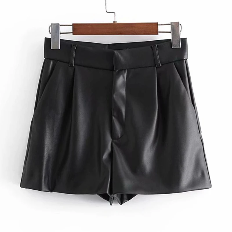 

Spring Autumn Leather Short Warm Velvet Pant High Waist PU Trouser Women Female Solid Shorts Trousers Two Colors