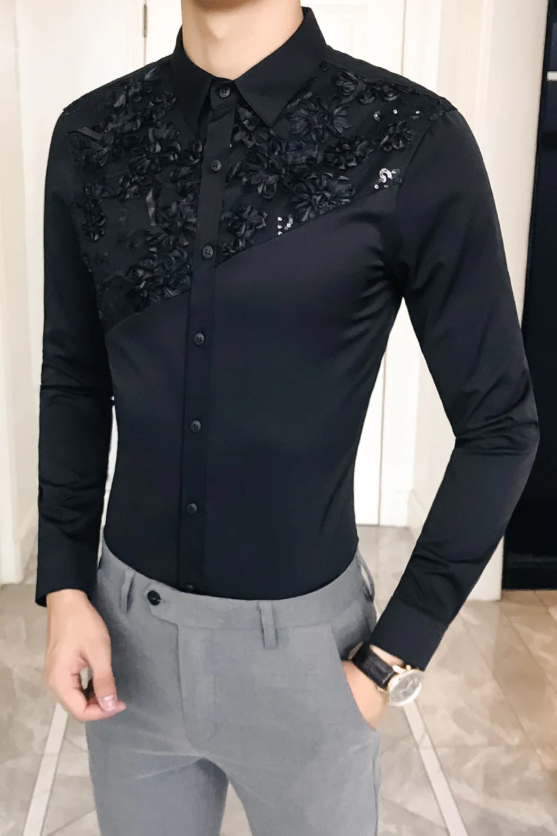 

Men Clothing 2021 European American Men's Spring Fashion Casual Shirt Slim Lace Shirt Camisas Para Hombre