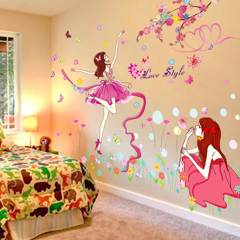 [SHIJUEHEZI] Ballet Dancer Girl Wall Stickers PVC Material DIY Flowers Bubbles Mural Decal for Kids Room Nursery Home Decoration