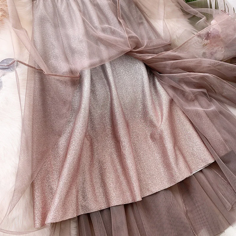 Юбка-миди из фатина OHRYIYIE зеленая с градиентным цветом высокой талией весна-осень