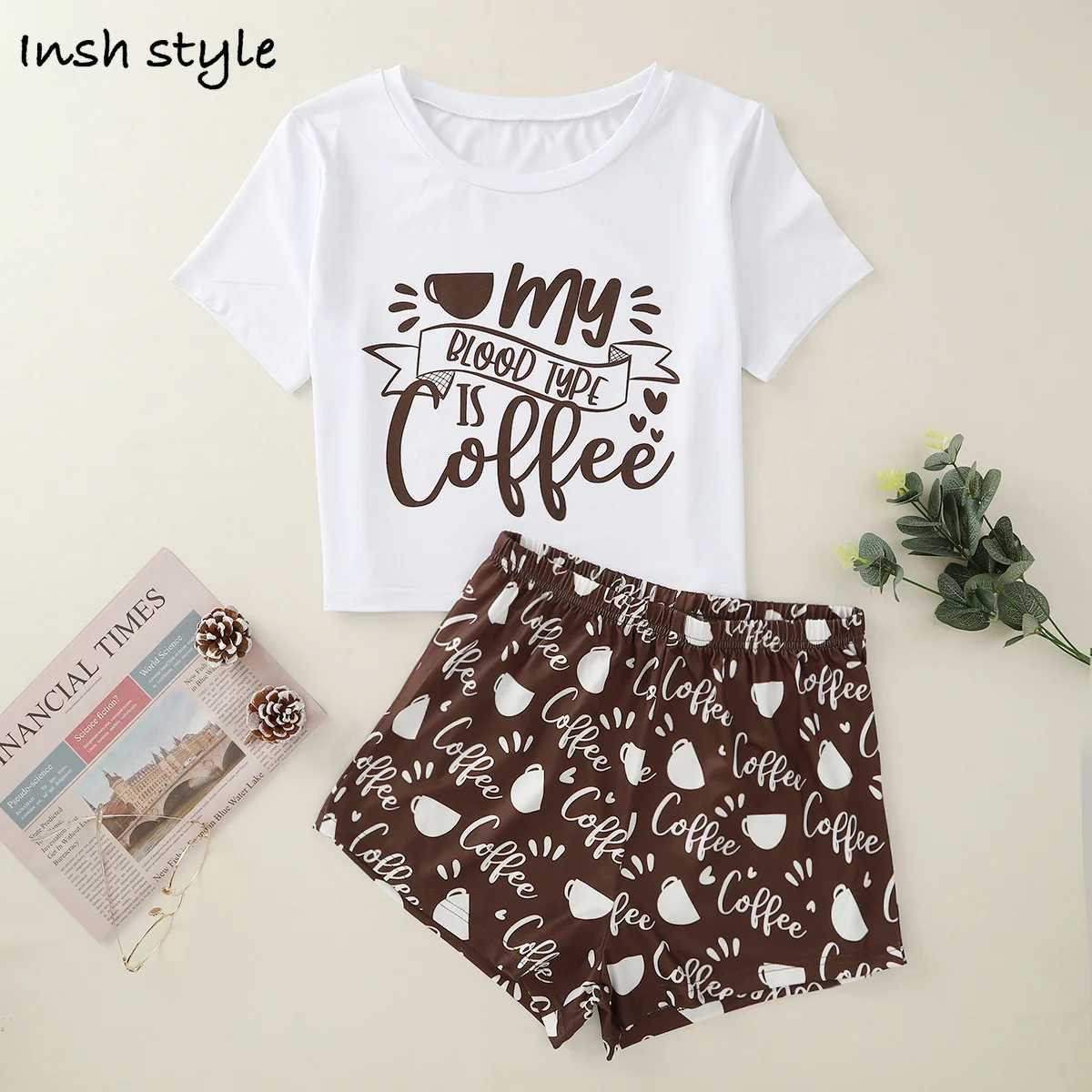 

Round Neck Pijamas Set For Women Sexy Short Sleevees Sleepwear Spaghetti Strap