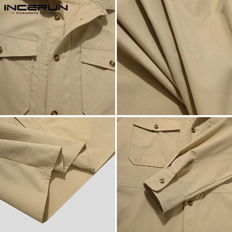

INCERUN 2021 Men Solid Color Shirt Long Sleeve Lapel Casual Vintage Cargo Shirts Pockets Streetwear Spring Camisas Hombre S-5XL