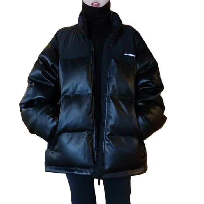 Women's Winter Jacket Parkas Female Students Simple Fashion Black PU Leather Bread Clothes Korean Loose Thickened Student Jacket