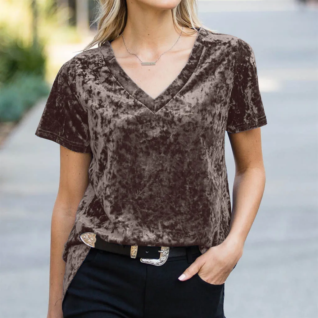 Повседневная однотонная женская бархатная футболка KANCOOLD с V образным вырезом