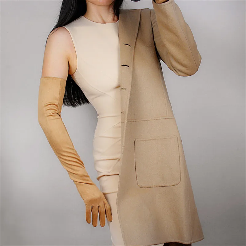 nude color Модные простые женские замшевые перчатки без подкладки 60 см Длинные вечерние vestido Женские перчатки Новые шлифовальные замшевые варежки TB22 - Цвет: nude color