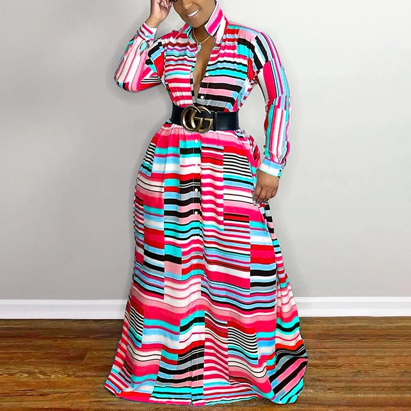 

Fashion Casual Loose Party Long Dress Sexy deep V neck Long Sleeve Striped printing belt Maxi Dress
