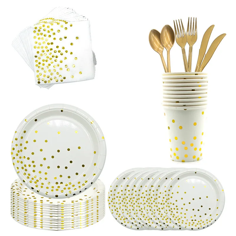 

White Pink Dot Disposable Party Tableware Paper Plate Knife Fork Tissue Baby Shower Party home decor wedding birthday