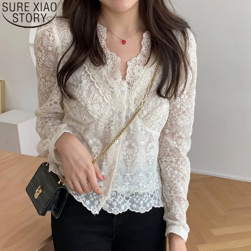 

Korean Chic Thin Lace Shirt Long Sleeve Top Women Lace Blouse Blusas Mujer De Moda 2022 Verano Spring New V-neck Clothes 14683