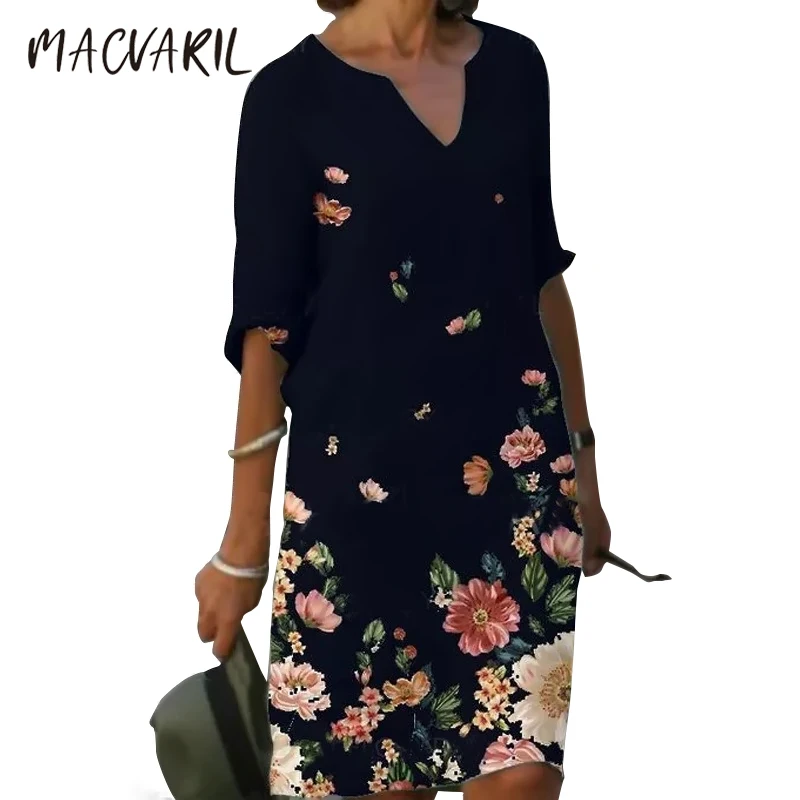 

Dress Summer Vestidos Knee-Length Office Floral-Print Women Elegant Casual Half-Sleeve 2021 Female Casual Loose Sundress