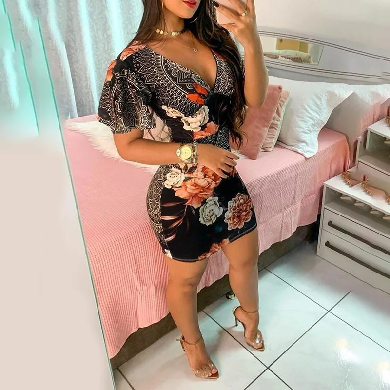 

WEPBEL Women's Sexy V-neck Printed Slim Dress Summer Fashion Short Sleeve High Waist Mesh Dress
