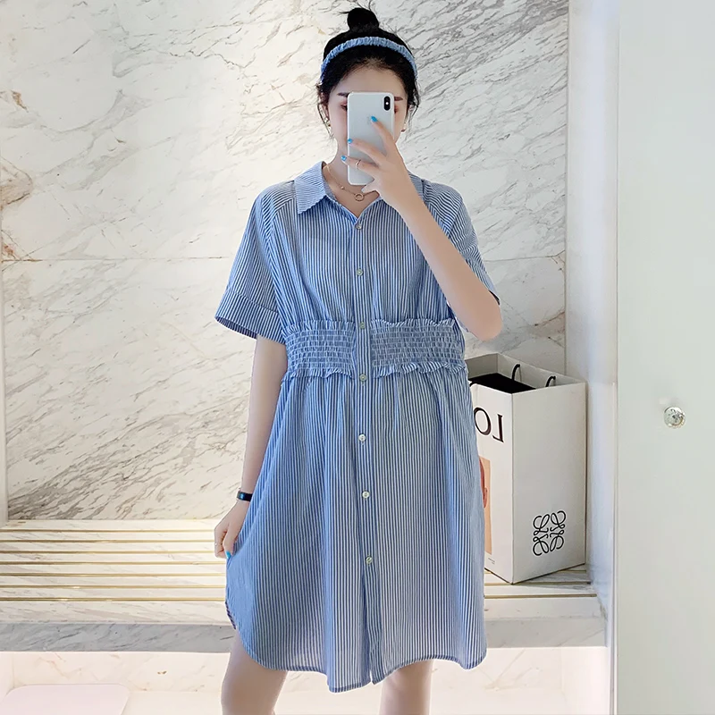 

Pregnant women's summer dress O neck Short sleeves Knee-Length elastic waist Plaid suspenders loose maternity women dress