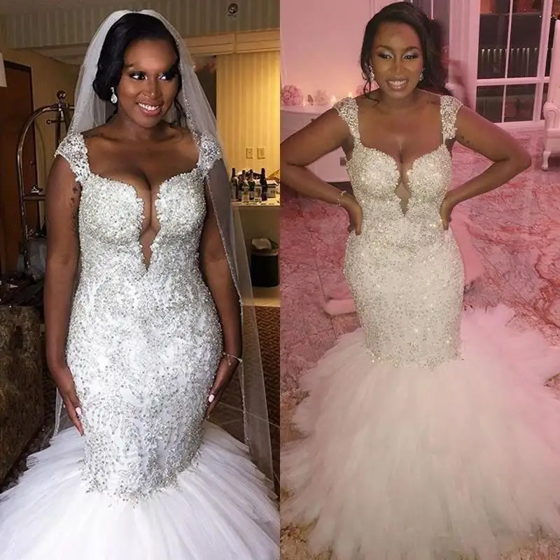 

African Style Plus Size Mermaid Wedding Dresses Cap Sleeves Beaded Crystal Ruffled Tulle Puffy Wedding Gowns Vestidos De Noiva
