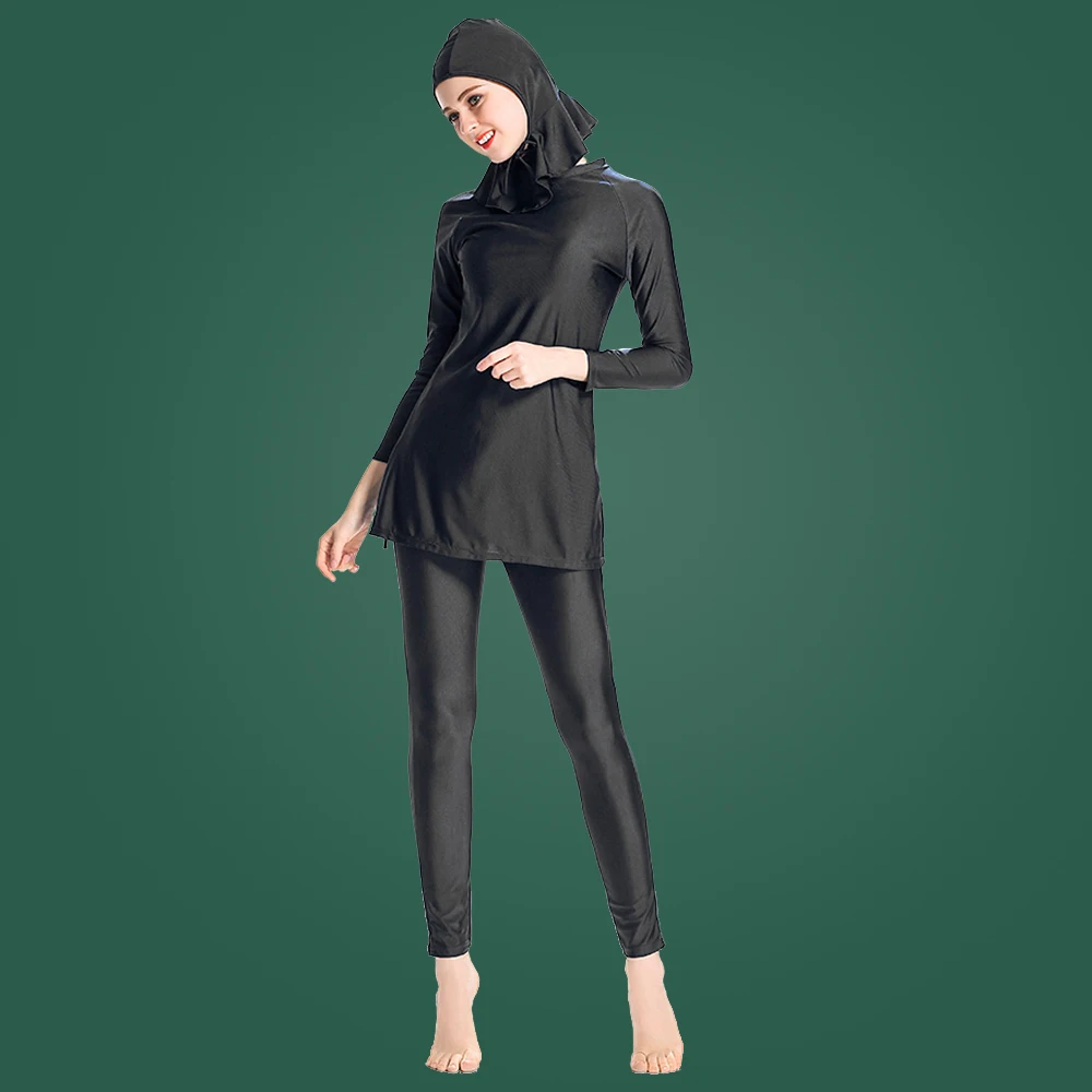 

Women's Swimsuit Burkini Muslim Long Sleeve Islamic Ladies Borkini Swimwear Conservative Black Hijab Sportswear Three-Piece Set
