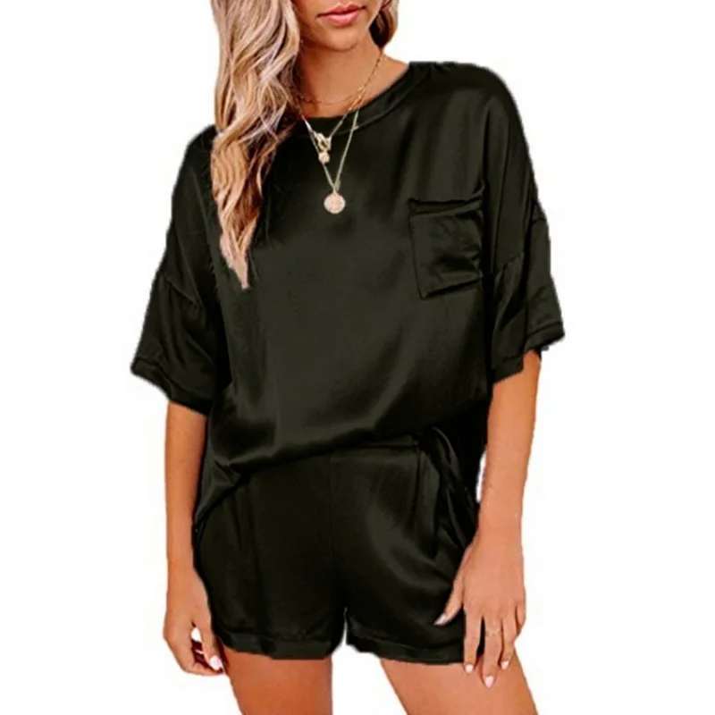 

Summer solid color imitation silk ladies pajamas home service short-sleeved shorts irregular two-piece suit