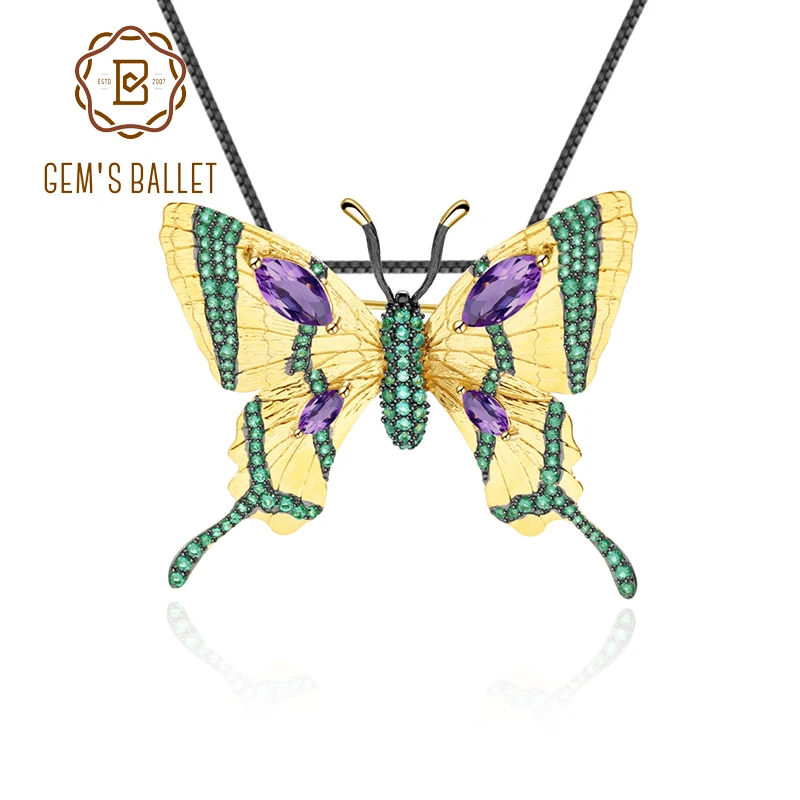 

GEM'S BALLET 925 Sterling Silver Gold Plated Vintage Jewelry Natural Amethyst Butterfly Brooch Pendant Women High Jewelry