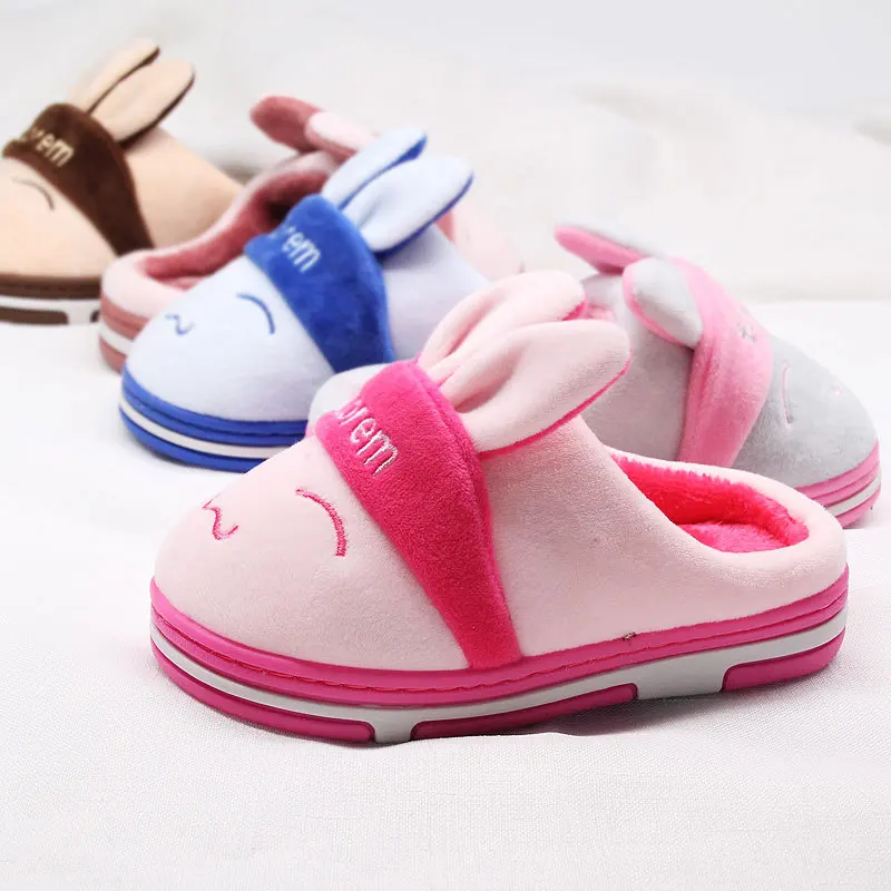Детские домашние зимние тапочки Детская Хлопковая обувь с кроличьим мехом для