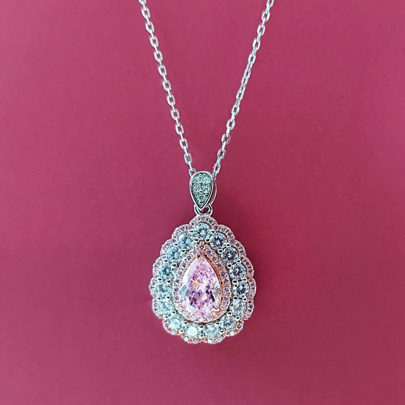 

COSYA Pink Pear Shape Sweet Temperament Pendant Necklace 6*9mm 100% 925 Sterling Silver High Carbon Diamond Couple Dating Gift