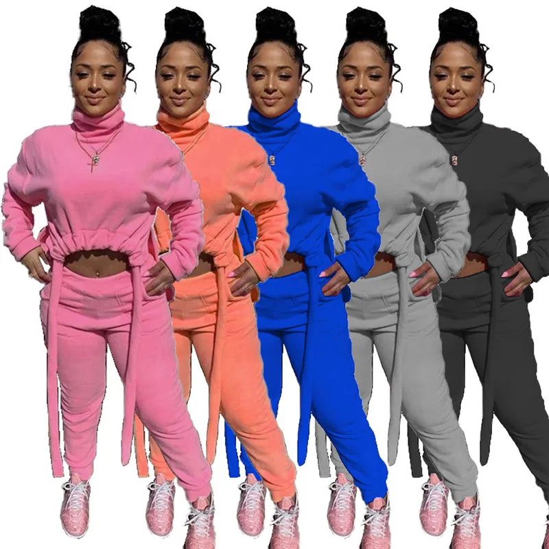 

New Thicken Sweatsuit 2 Piece Outfits Women Sets High Quality Fabric String Top Sweatpants Winter Clothes Wholesale Dropshipping