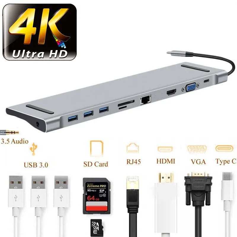USB C концентратор USB3.1 Тип C к HDMI VGA RJ45 Lan PD 4 к thunderbolt 3 10 в 1 док-станция питания для imacMacBook samsung Galaxy
