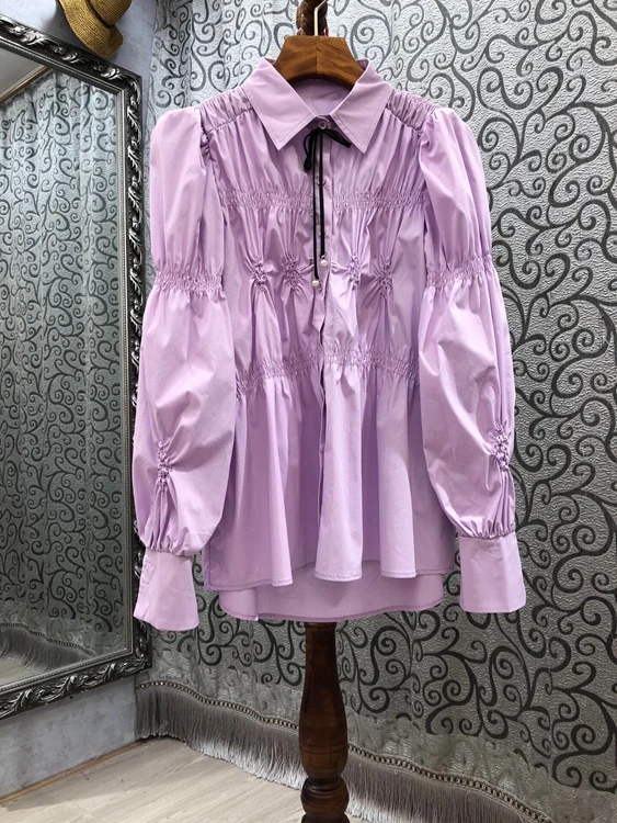 

2021 spring new women's fashion lapel color matching tie tie knotted neckline wrinkled long-sleeved shirt 228