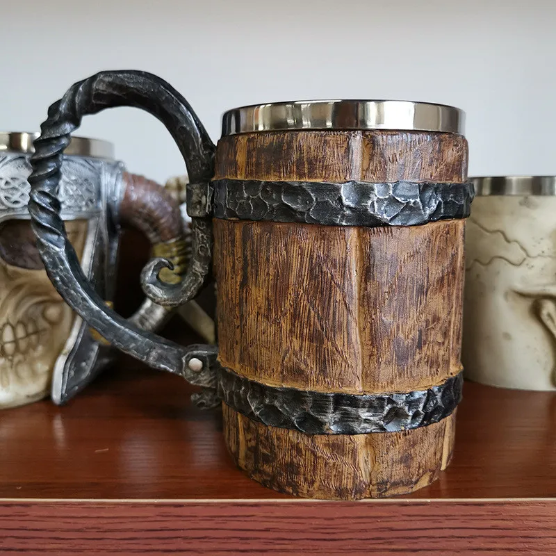 Пивная кружка в стиле викингов деревянная из нержавеющей стали с имитацией сырой