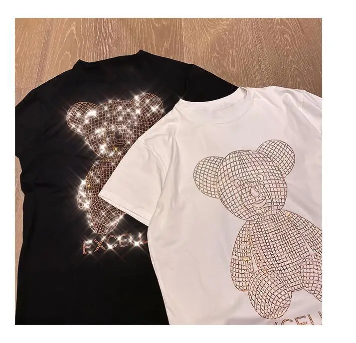 

kywommnz Harajuku Bear T-shirt With Beads, Large Short Sleeve, Loose Crystal Cotton, Korean Fashion, Summer 2021, E346