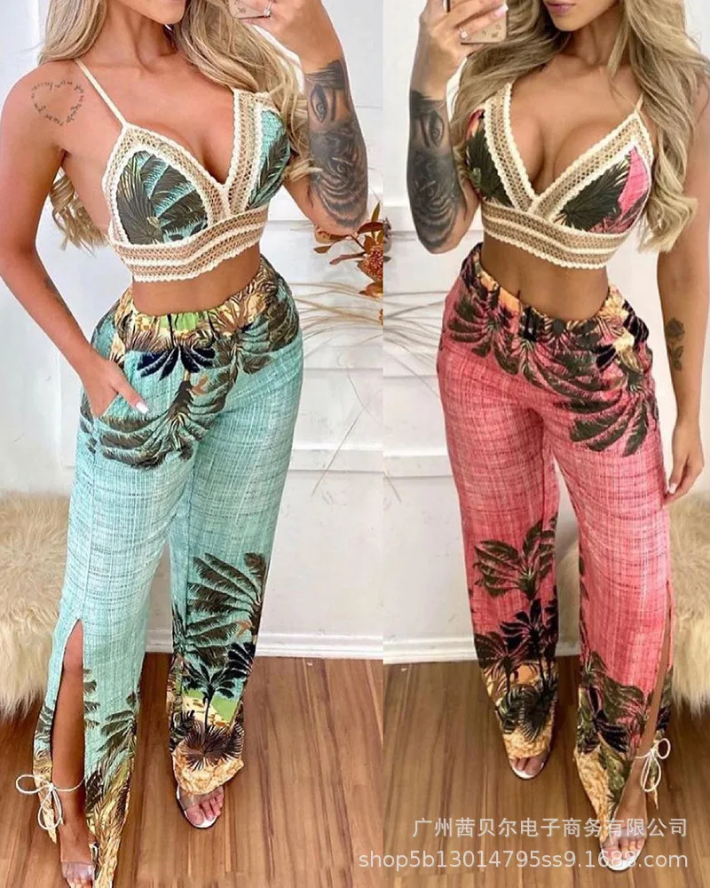 

2021 New Fashion Womens Clothing Palm Leaf Print Sexy Spaghetti Strap Trousers Womens Suit