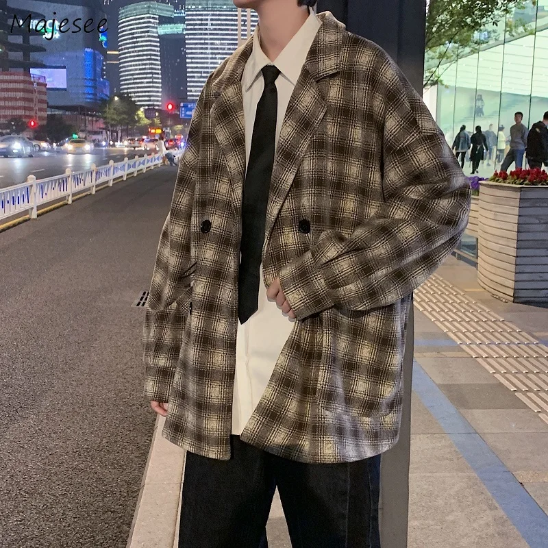 

Мужская шерстяная клетчатая двубортная мешковатая ветровка в британском ретро-стиле с отложным воротником и длинными рукавами для отдыха