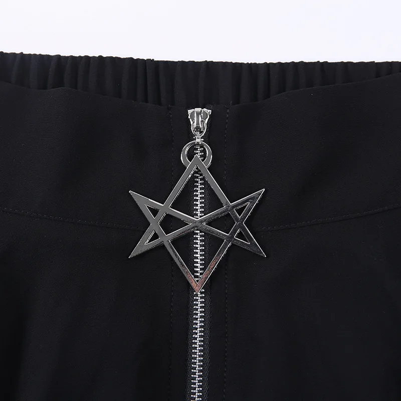 

Women Summer Mesh Irregular Skirts Pentagram Zipper Black Punk Gothic Darkness Style Lady Loose Streetwear Party Skirts