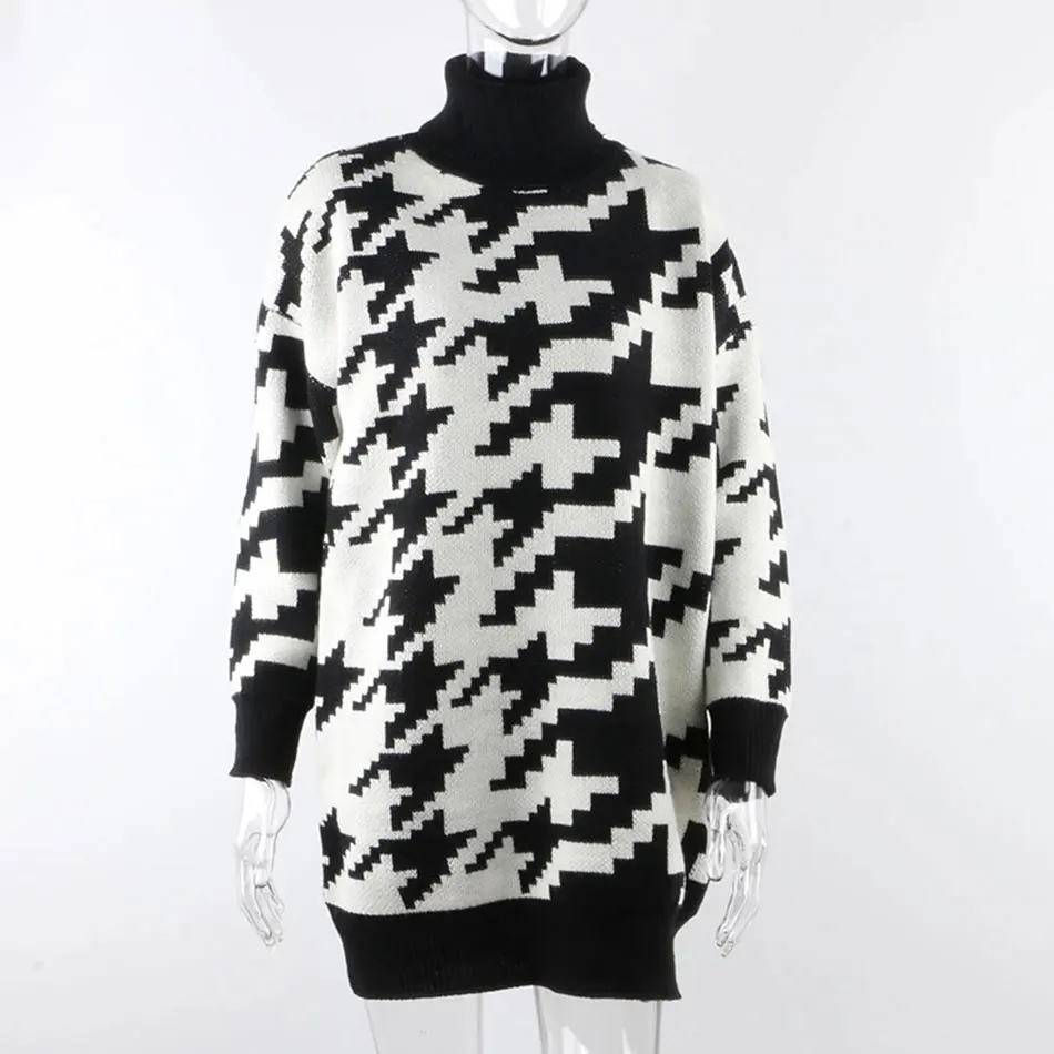

Free Shipping High Neck Houndstooth Sweater Dress Women's Winter Long Sleeve Oversized Knit Sweater Dress Christmas Party Dress