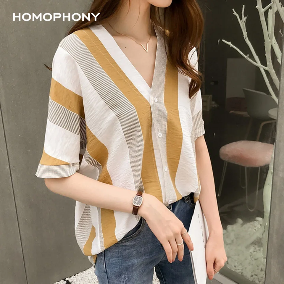 Блузка Homophony женская с V-образным вырезом модная Свободная рубашка в полоску