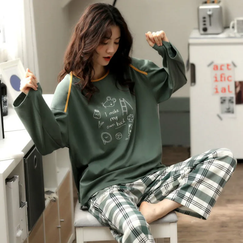 Home Clothes for Women Plaid Pants Pajamas for Women Cotton Sleepwear Autumn Pyjamas Women Pigiama Donna plus size Home Suit