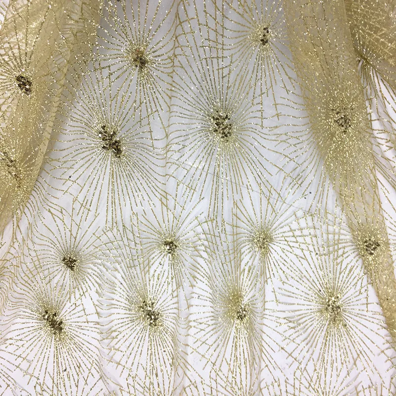 

GLace 1Y/lot Champagne Fireworks Fire bronzed mesh fabric glitter lace Wedding Dress home decoration TX1489