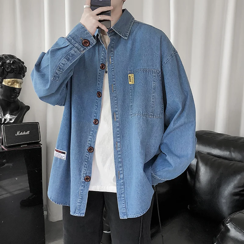 Mens Long Sleeve Jeans Shirts for 2021 Fashion Trends Plus Size Clothing Teens Blue Denim Button Up Blouses Oversized Streetwear |