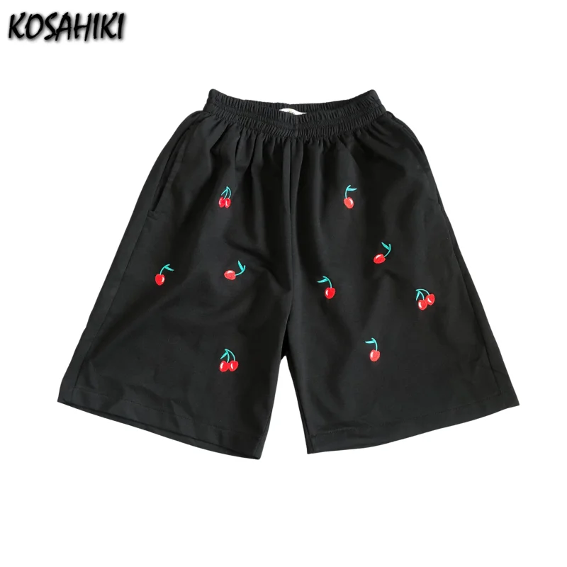 

KOSAHIKI Harajuku Retro Summer Shorts Women Casual Half Pants Jogging Cherry Print Shorts Ins Loose High Waist Shorts Streetwear