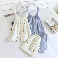 2021 summer new style ladies pajamas two piece 100cotton crepe suspender shorts vest suit sweet and loose home service sexy pjs