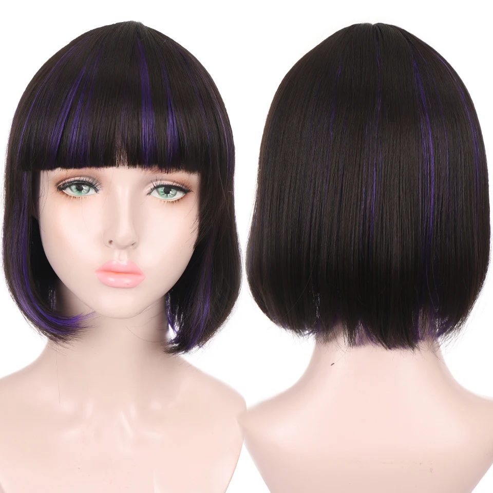 

SHANGKE Synthetic Wigs For Women Straight Bobo Wig With Bangs Heat Resistant Fiber Natural Brown Blue Purple Daily Cosplay Wig