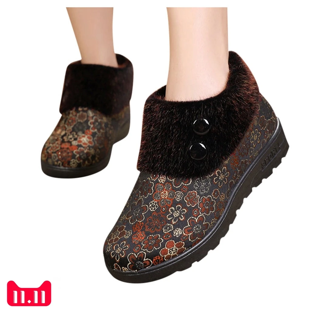 Женские зимние теплые мягкие полусапожки с цветочным принтом повседневная обувь