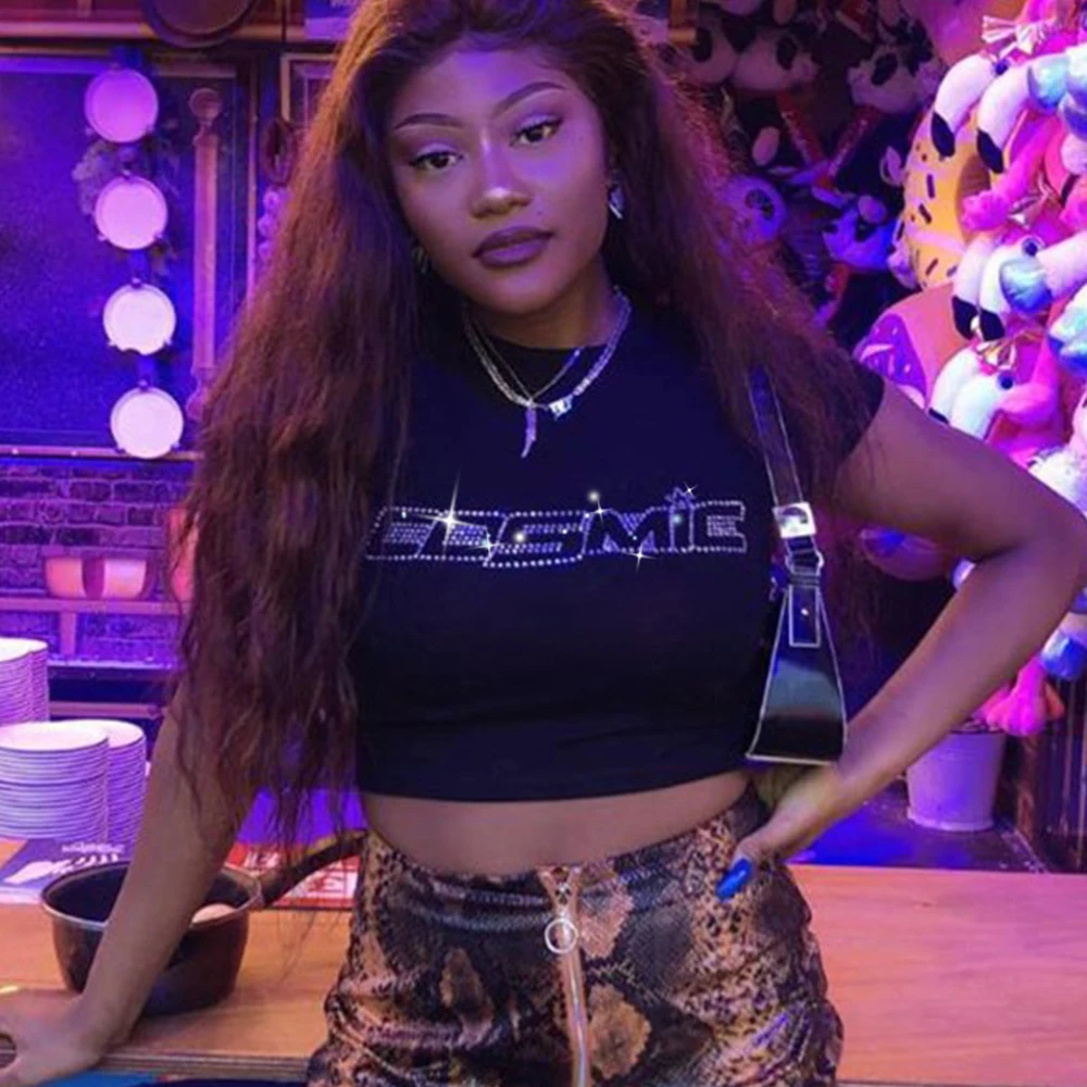 Женский летний топ с коротким рукавом черный облегающий блестками Y2K стразы лето