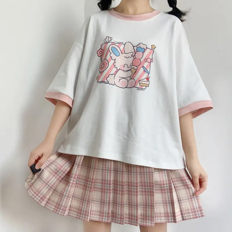 

Kawaii Rabbit Print Graphic T Shirts Women Cartoon Pink Alt Clothes Aesthetic Tee Shirt MINGLIUSILI Japanese Style Tops Mujer