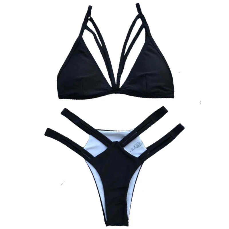 

Cheap Sexy Hollow Out Bikini New Mujer Solid Black Swimsuit Women Triangle String Swimwear Women Padded High Cut Bathing Suit
